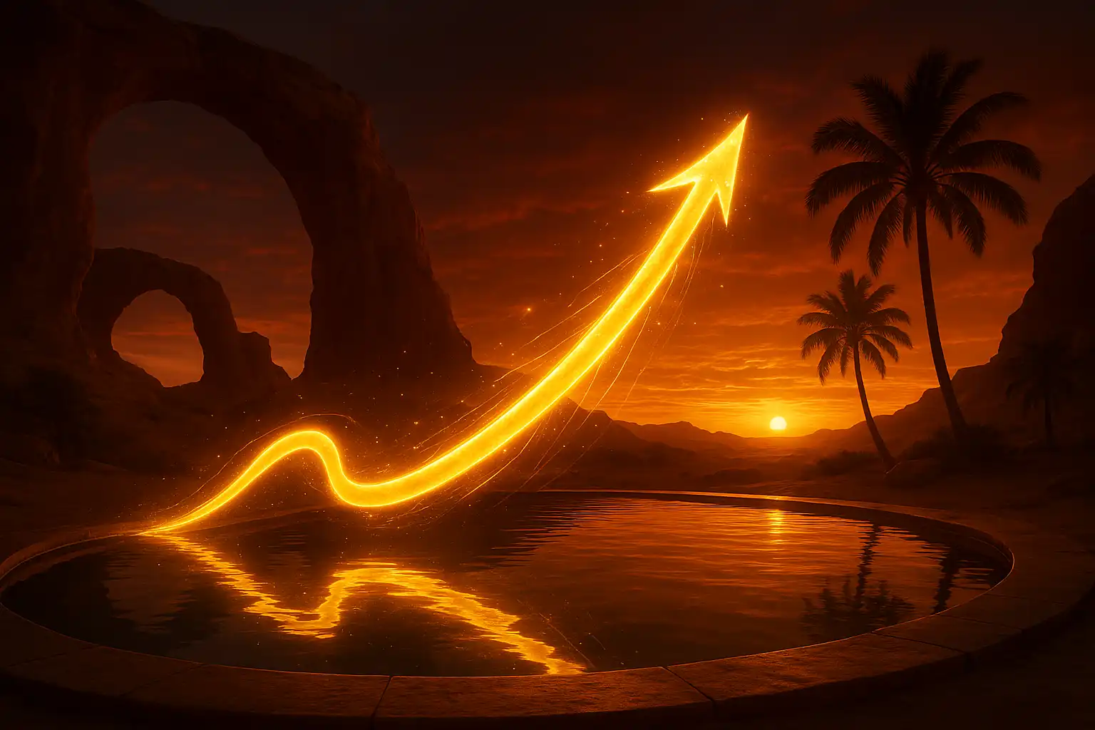 Glowing multiplier curve rising above a desert oasis pool at Rivoo Casino