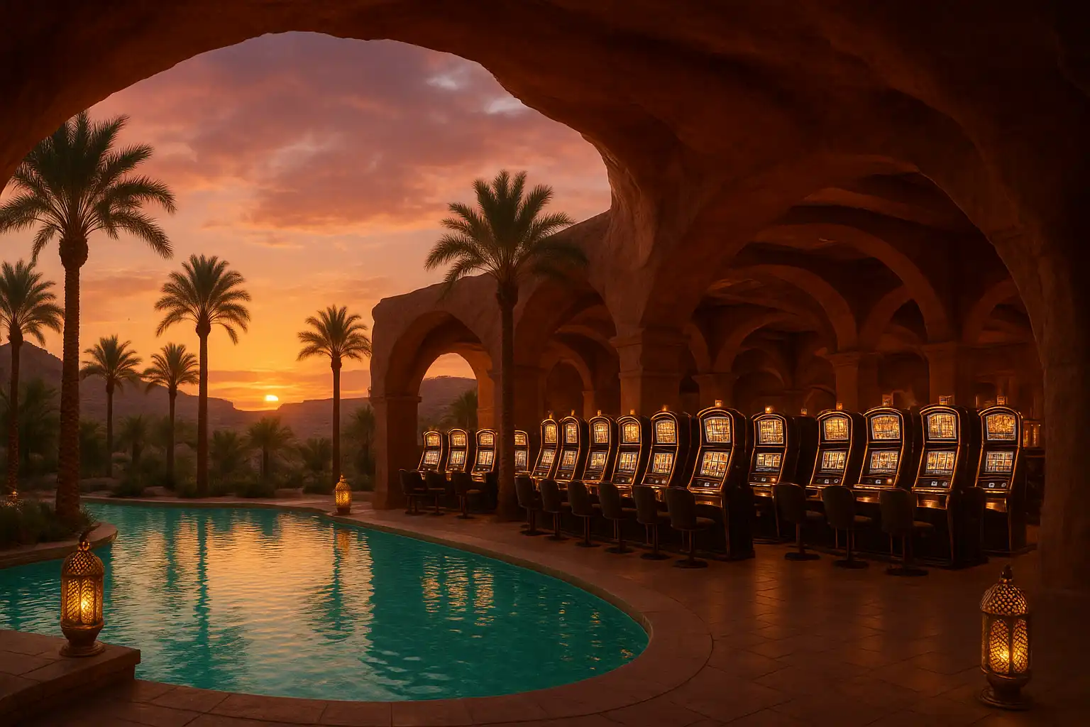 Luxury desert oasis casino with sandstone arches and glowing slot machines at sunset