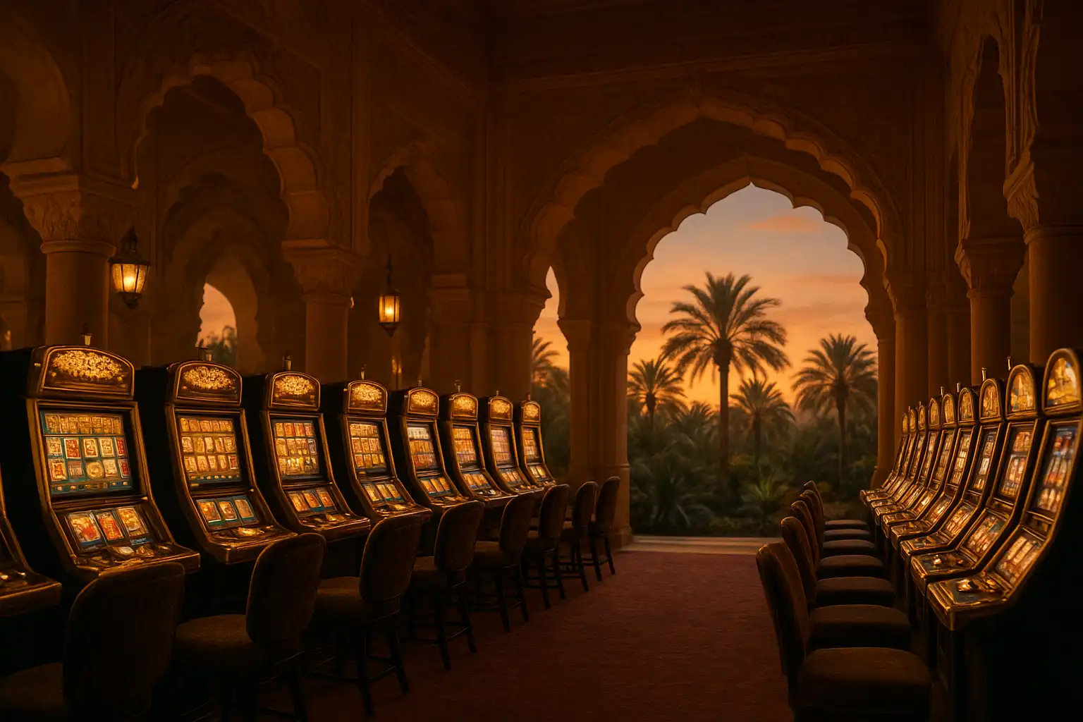 Ornate slot machines glowing inside a desert oasis casino hall at Rivoo