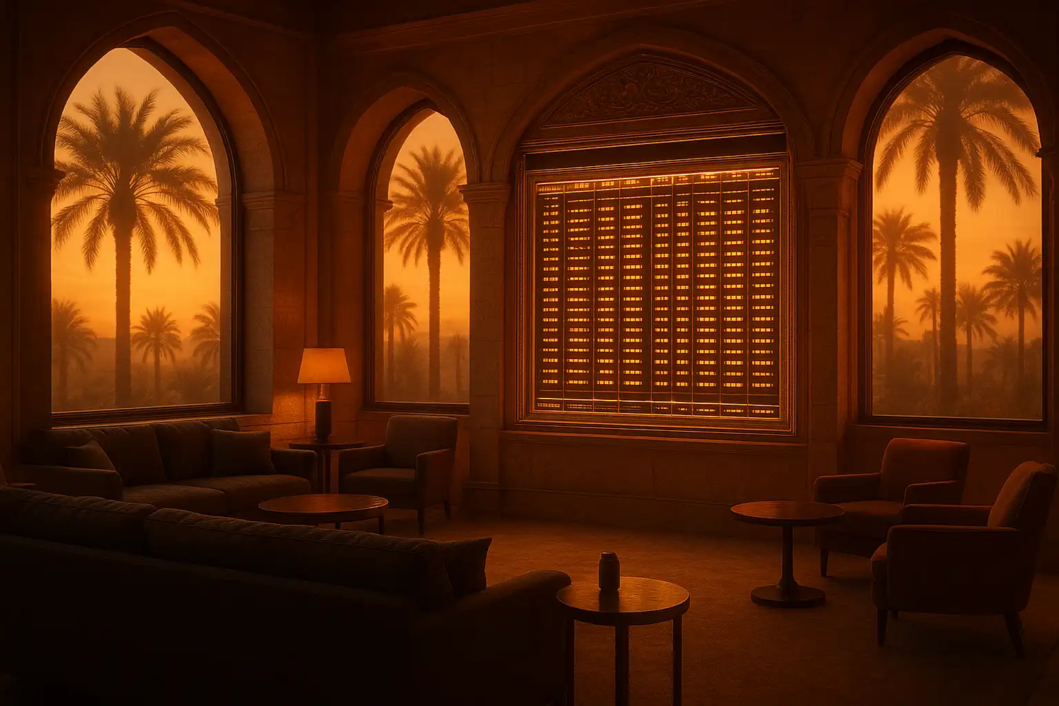 Sportsbook betting lounge with desert oasis lanterns and a live odds board at Rivoo